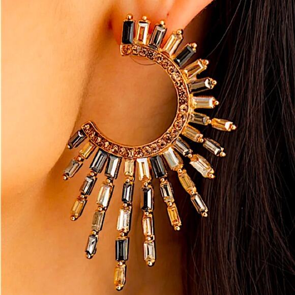 Gold Zircon Celestial Statement Earrings Abstract Geometric - Picture 1 of 4